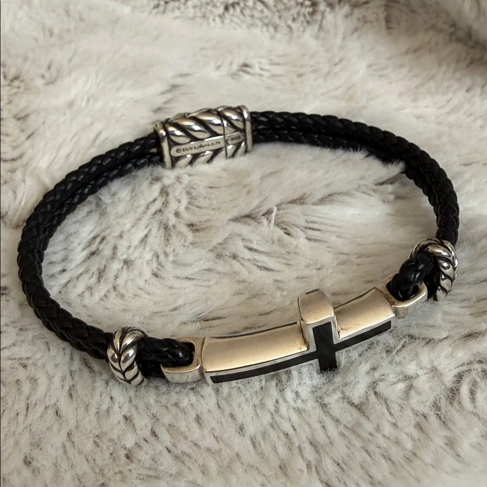 David Yurman Black Leather Bracelet with Silver Cross Accent